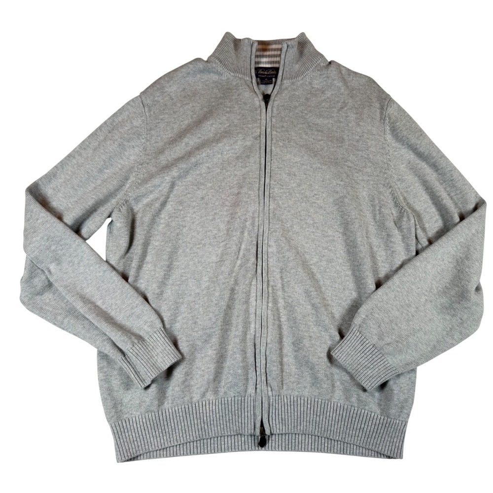 Brooks Brothers Mens XL Supima Cotton Full Zip Cardigan Sweater Gray Mock Neck